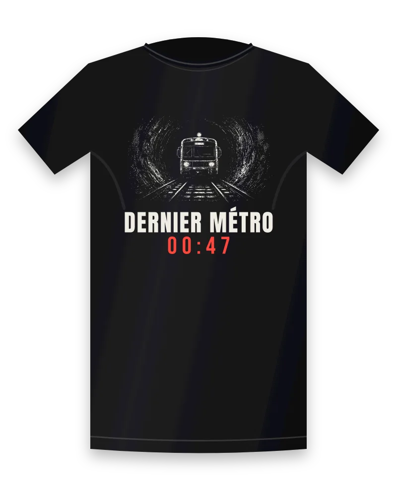 T-shirt noir avec le design « Dernier Métro 00:47 » : un train dans un tunnel, texte en capitales